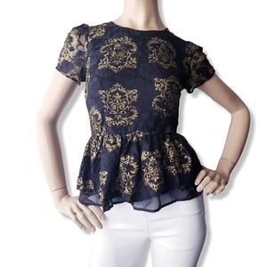 Moon Collection Black & Gold Damask Lace  Peplum Blouse